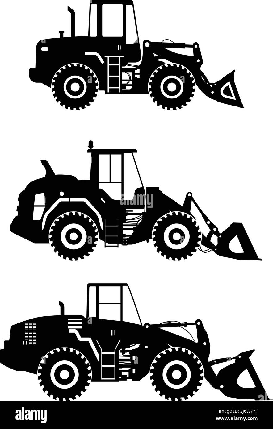 Illustrazione dettagliata di pale caricatrici gommate, attrezzature pesanti e macchinari Illustrazione Vettoriale