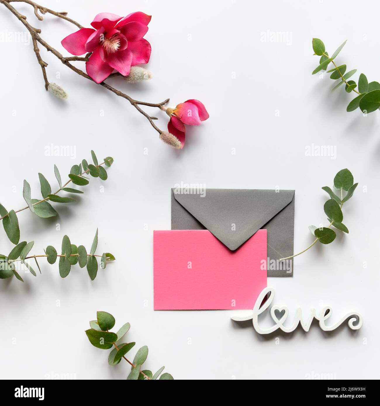 rosa magnolia fiori su rametti, foglie di eucalipto fresco. Cartoncino rosa vuoto con busta grigia. Foto Stock