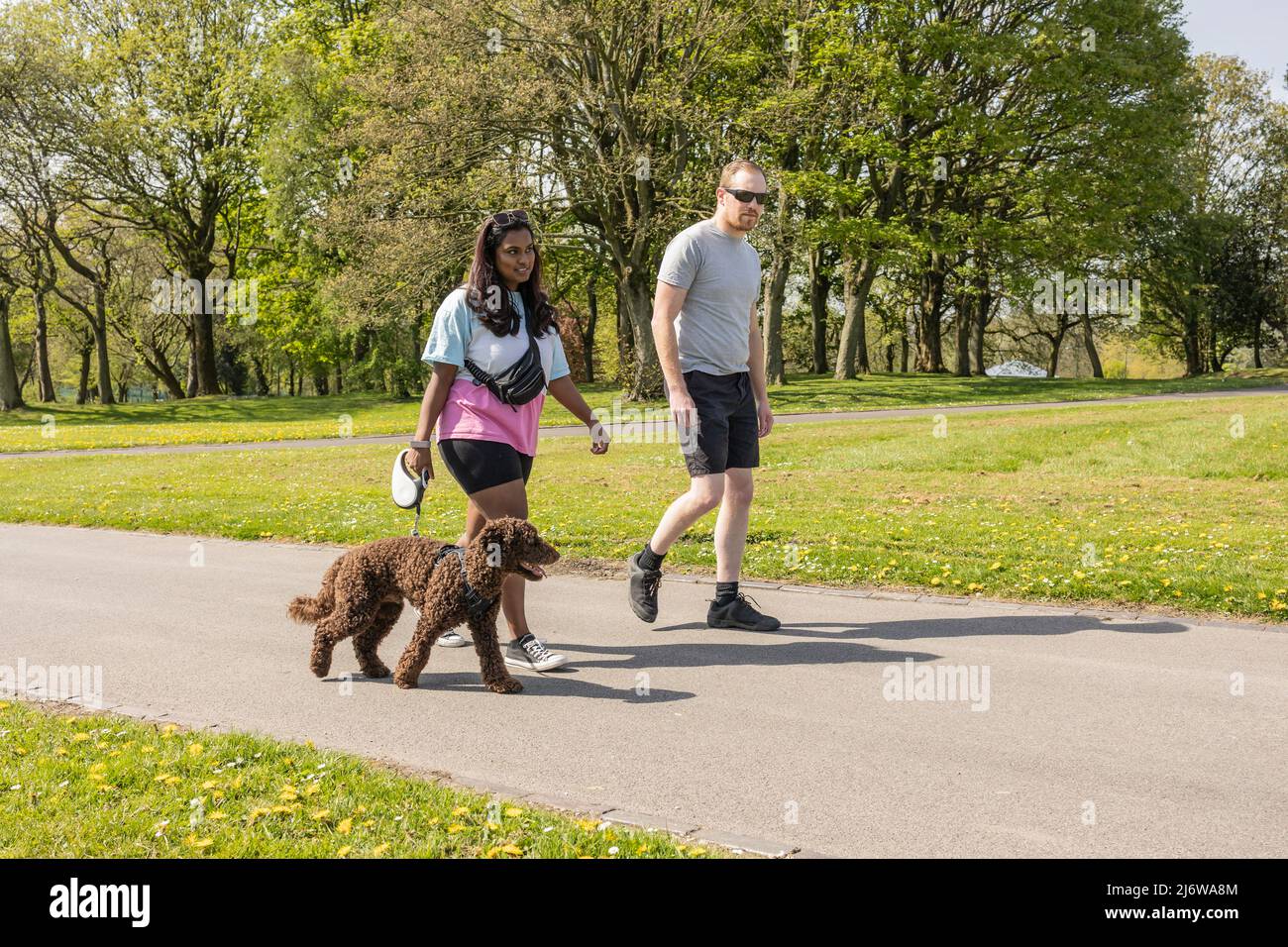 Giovane donna asiatica e uomo bianco con il loro cucciolo a piedi e correre nel sole primaverile al parco locale Foto Stock