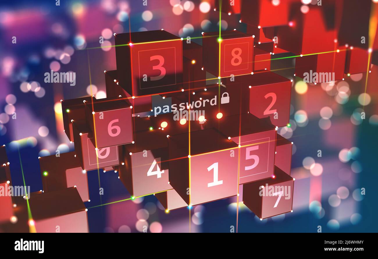 Protezione dei dati e interfaccia virtuale. Codice di accesso. Password e blocca l'accesso alle informazioni sulla rete. Blocchi e numeri in astratto cyberspazio Foto Stock
