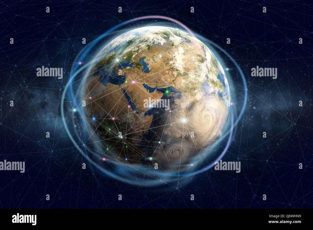 Tecnologia Blockchain. Rete di informazione globale del pianeta terra. Sicurezza finanziaria e delle comunicazioni. Elementi di questa immagine forniti dalla NASA Foto Stock