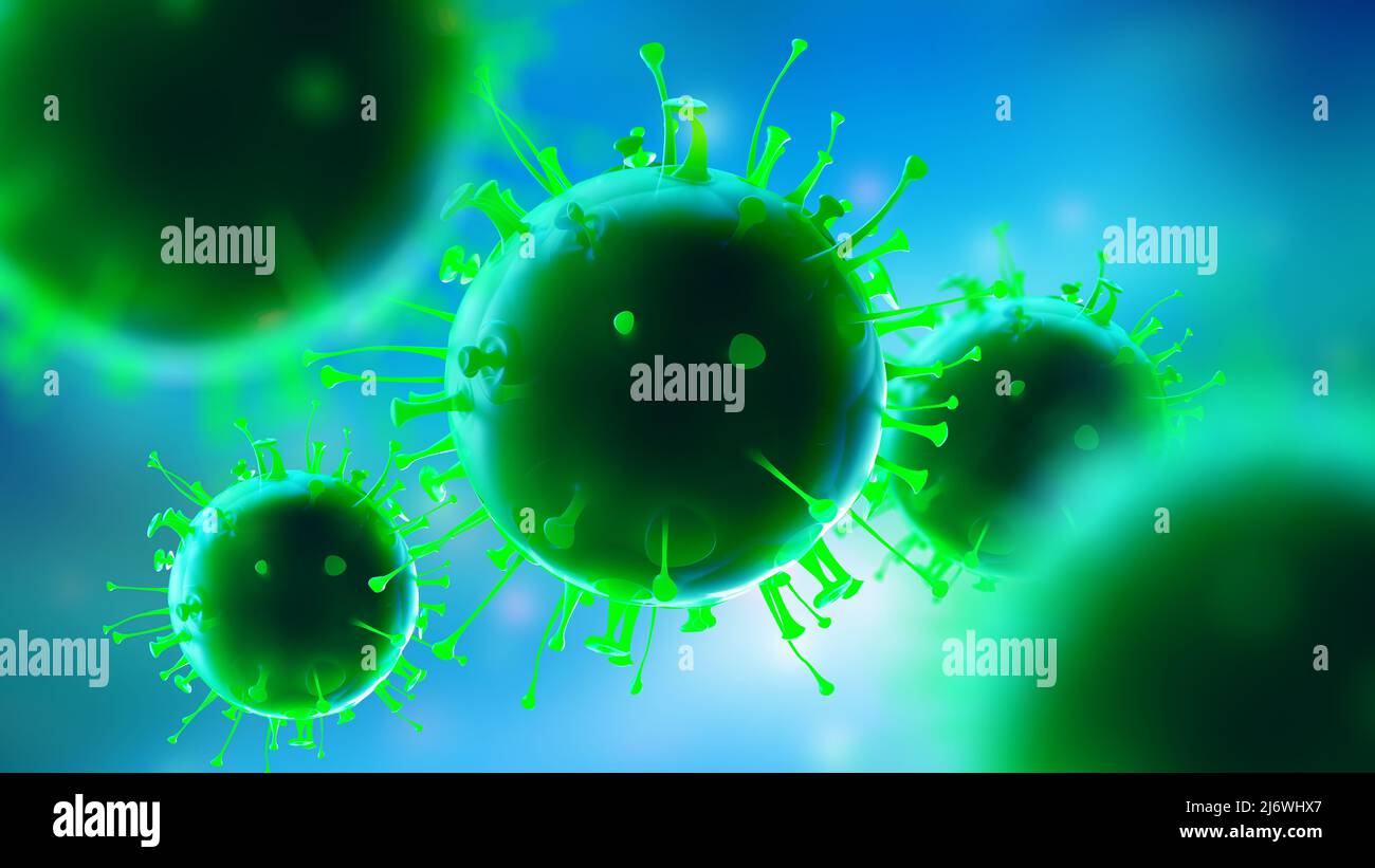 Virus all'interno dell'organismo. Replicazione e mutazione dei virus. Illustrazione di macro 3D. Microbiologia e Virologia come Scienza del futuro Foto Stock
