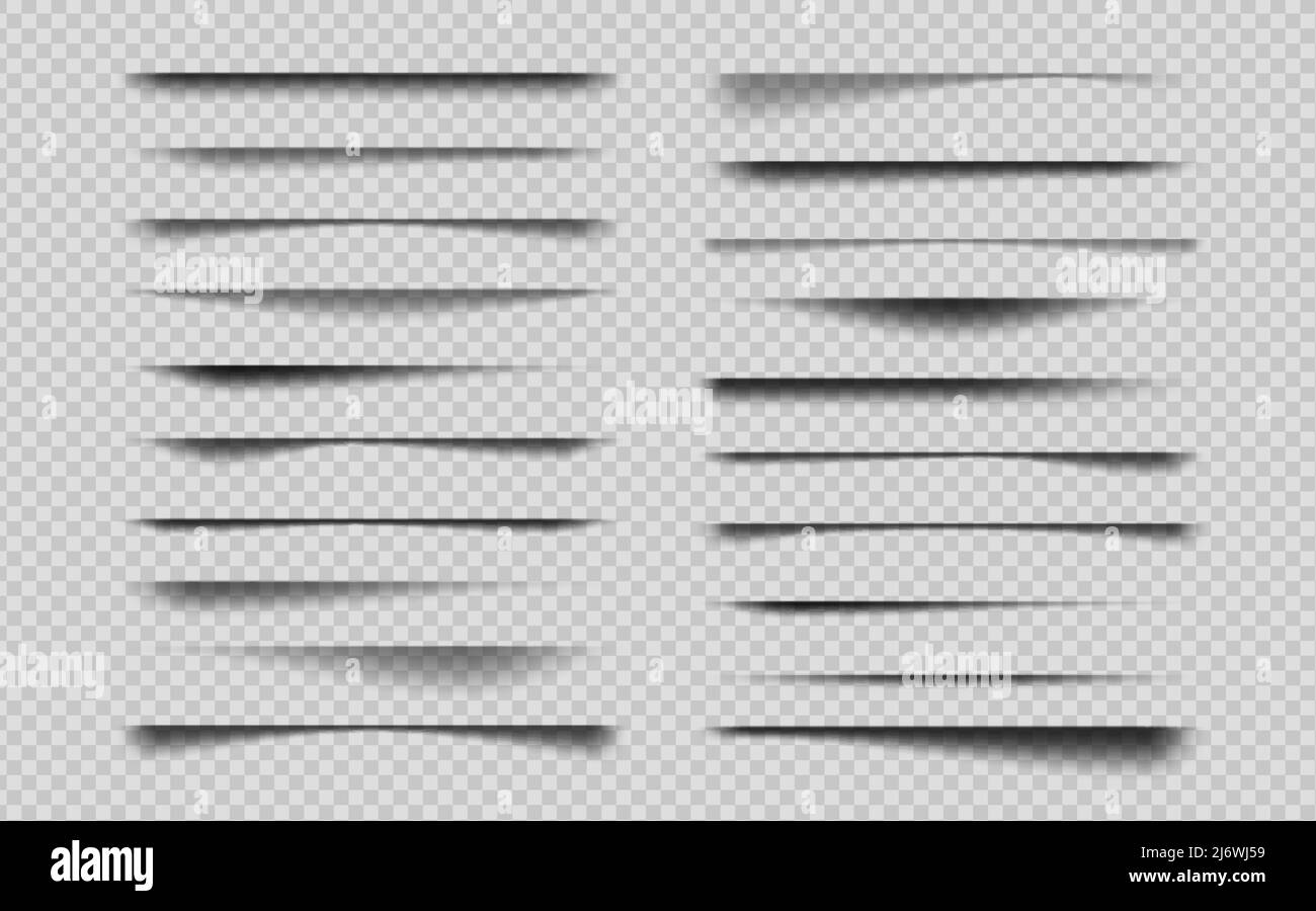Effetti d'ombra trasparenti con sovrapposizione realistica. Ombre vettoriali del bordo della pagina o del riquadro, divisori o linee del riquadro impostate per gli elementi di ombreggiatura dei bordi di pagine Web, poster, schede o volantini Illustrazione Vettoriale