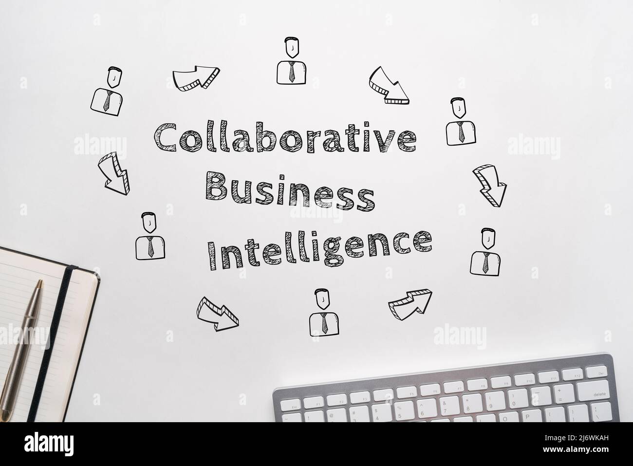 Business intelligence collaborativa concettuale. Testo sul tavolo con icone di persone astratte intorno Foto Stock