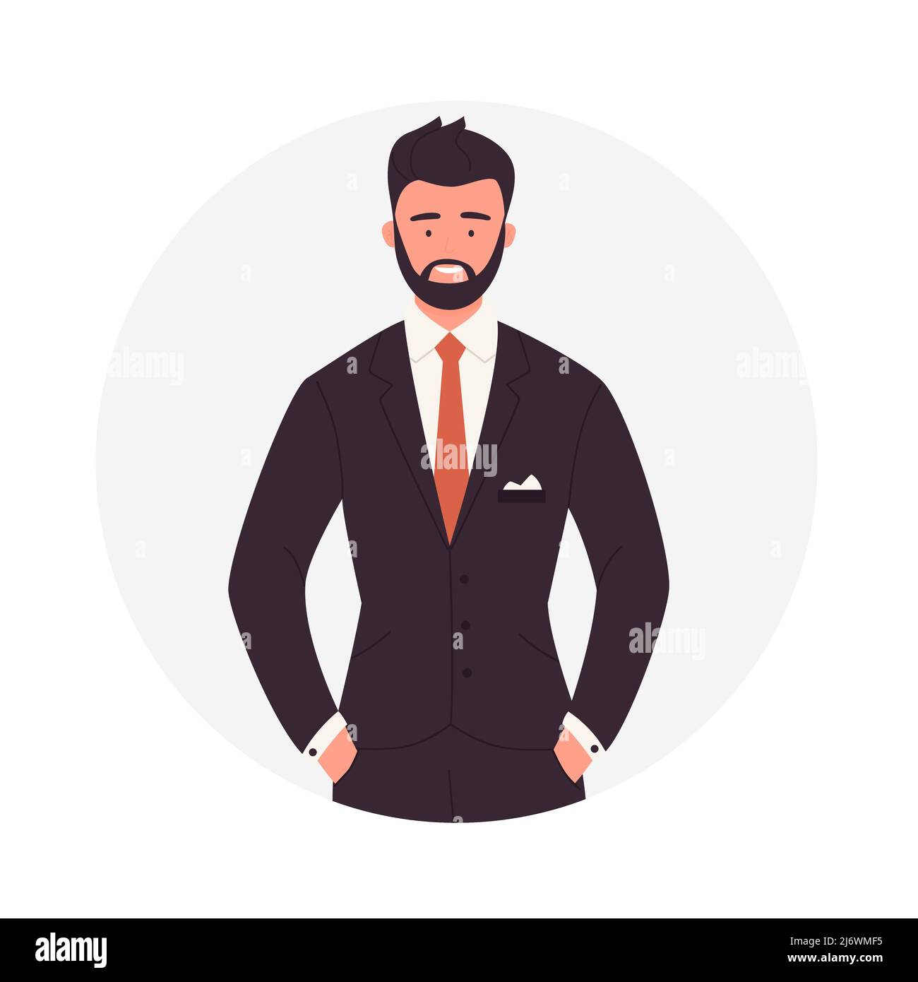 Uomo d'affari in piedi con le mani nelle tasche. Bearded manager in classica tuta illustrazione vettoriale Illustrazione Vettoriale