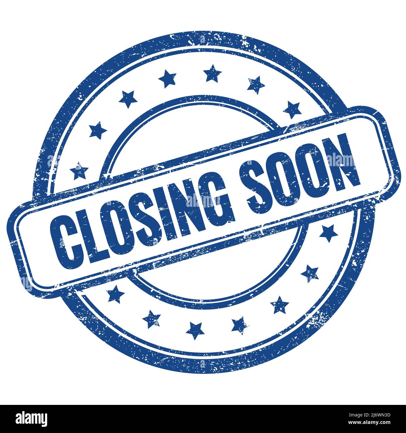CHIUSURA PRESTO testo su blu vintage grungy rotondo in gomma timbro. Foto Stock