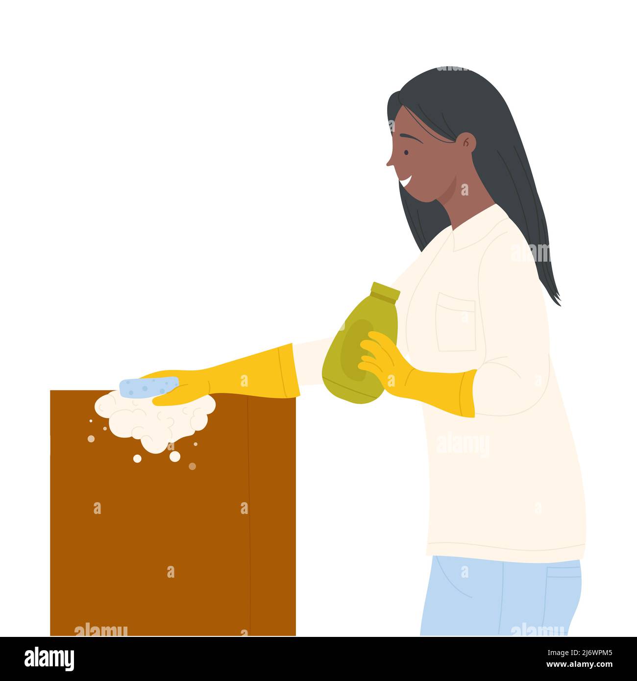 Pulizie ragazza mobili pulizia. Illustrazione vettoriale degli strumenti di lavaggio e dei detergenti per l'igiene Illustrazione Vettoriale