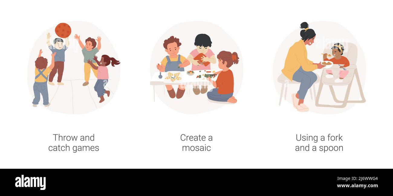 Kids Motor Skills sviluppo isolato cartoon vettore illustrazione set. Tiro e cattura giochi, creare un mosaico, utilizzando fork e cucchiaio, giocare un gioco, attività asilo, self-care vettore cartoon. Illustrazione Vettoriale