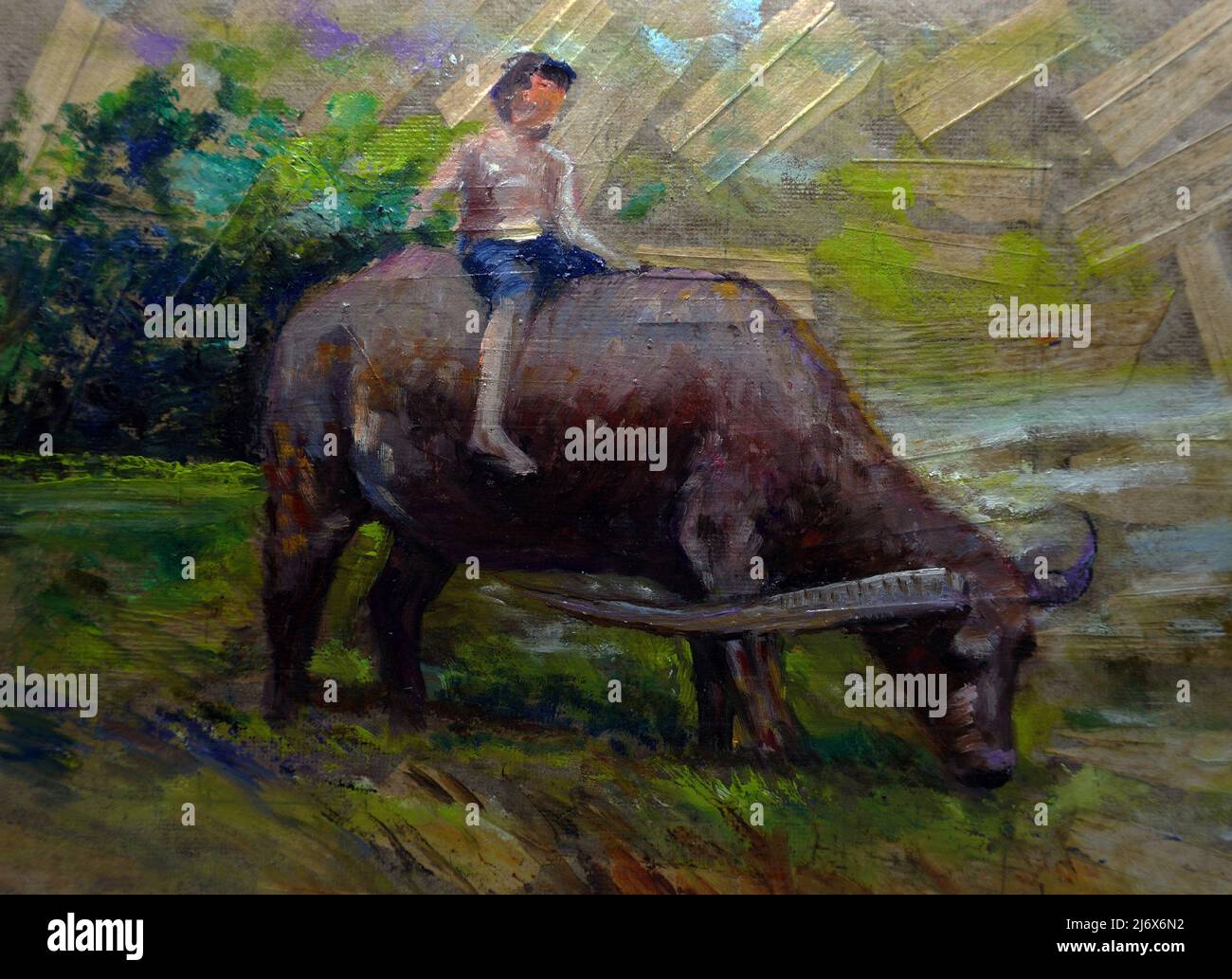 Pittura d'arte Oil color Hut Northeast Thailand Countryside , Bambini a cavallo di un bufalo Foto Stock
