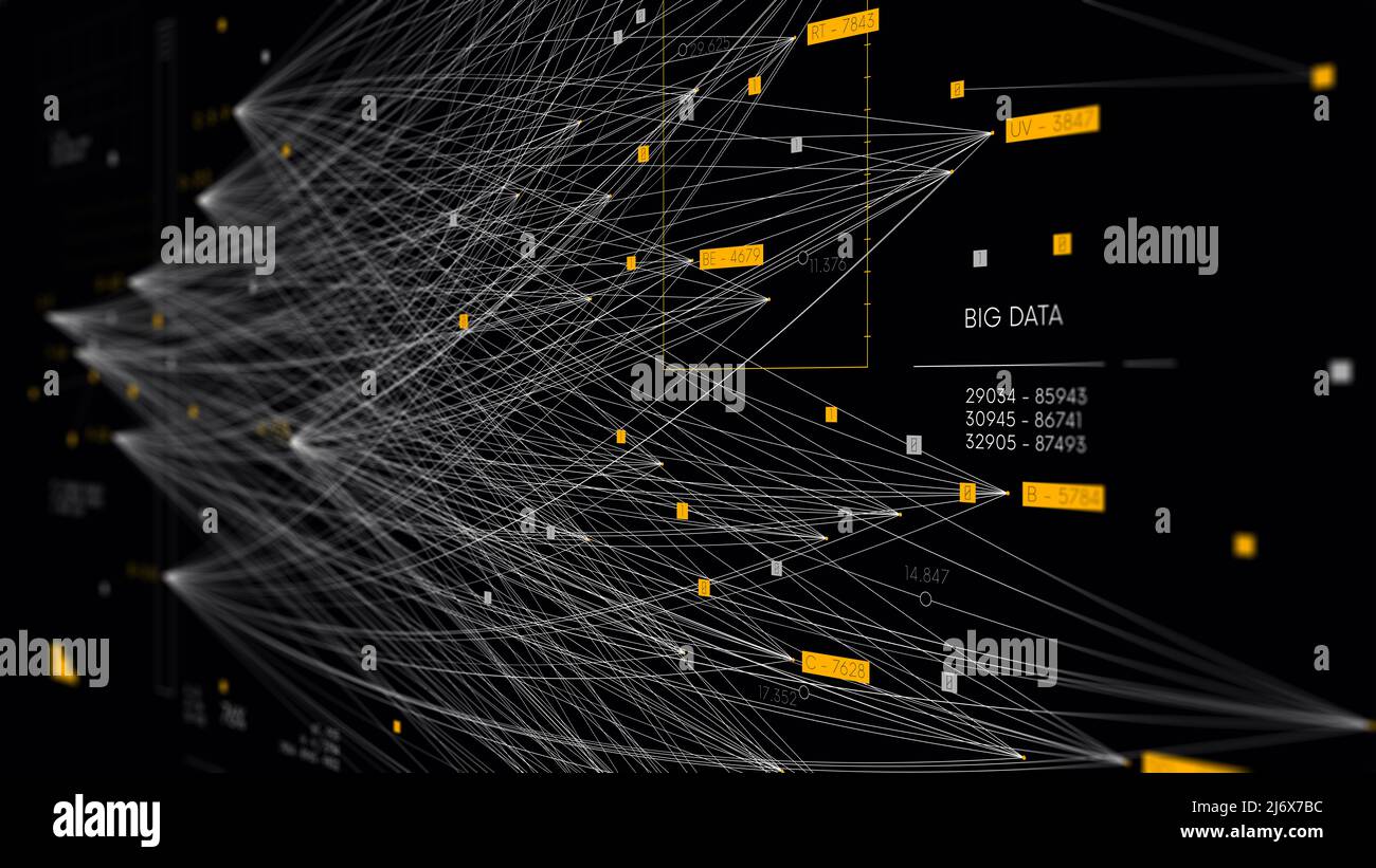 Rete neurale di dati complessi di grandi dimensioni, concetto di visualizzazione dei dati informativi, analisi aziendale, background tecnologico, monitor in prospettiva Foto Stock