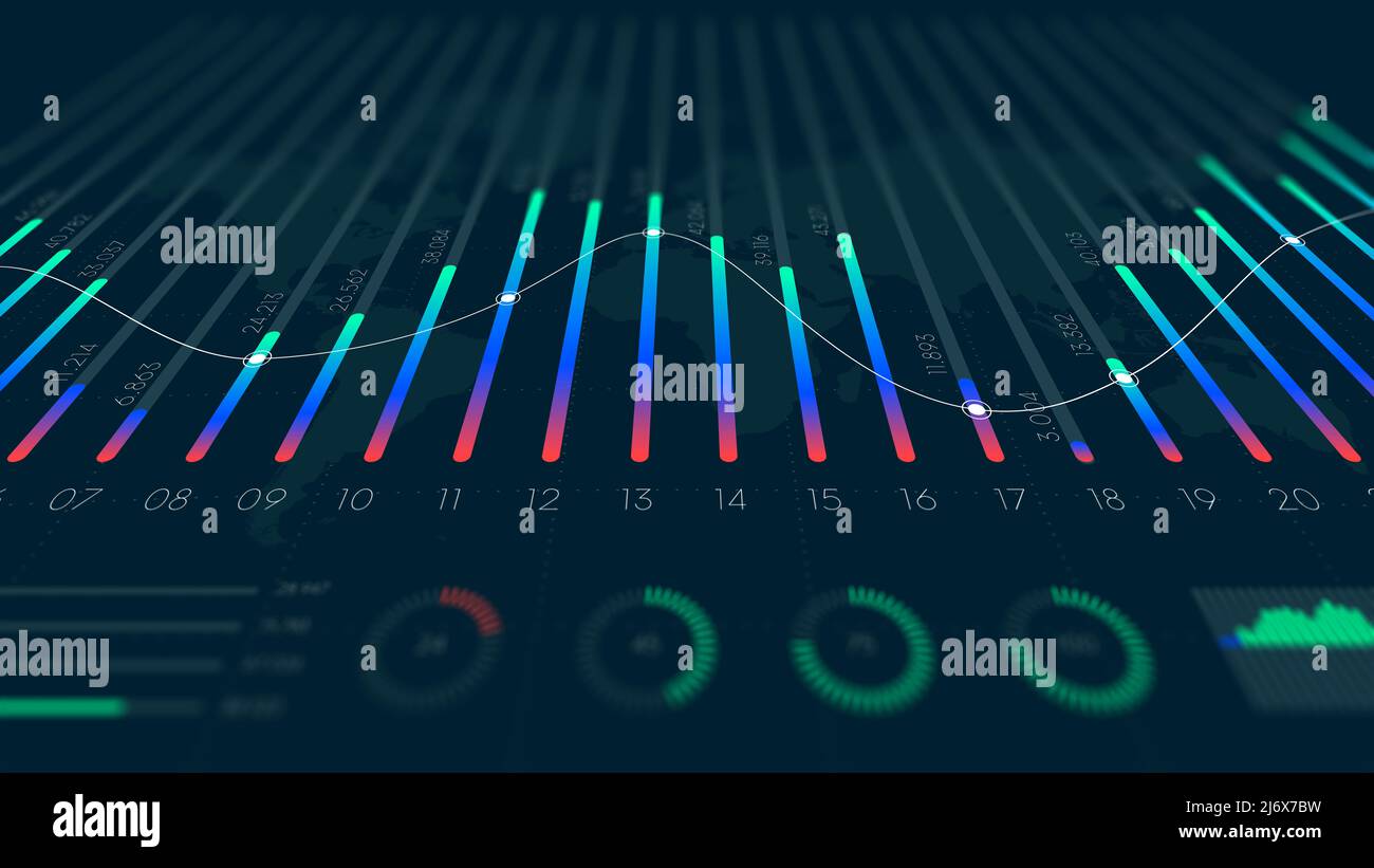 Dashboard infografica visualizzazione dei big data, opzione binaria, schermo monitor in prospettiva, statistiche e illustrazione dell'analisi di mercato Foto Stock
