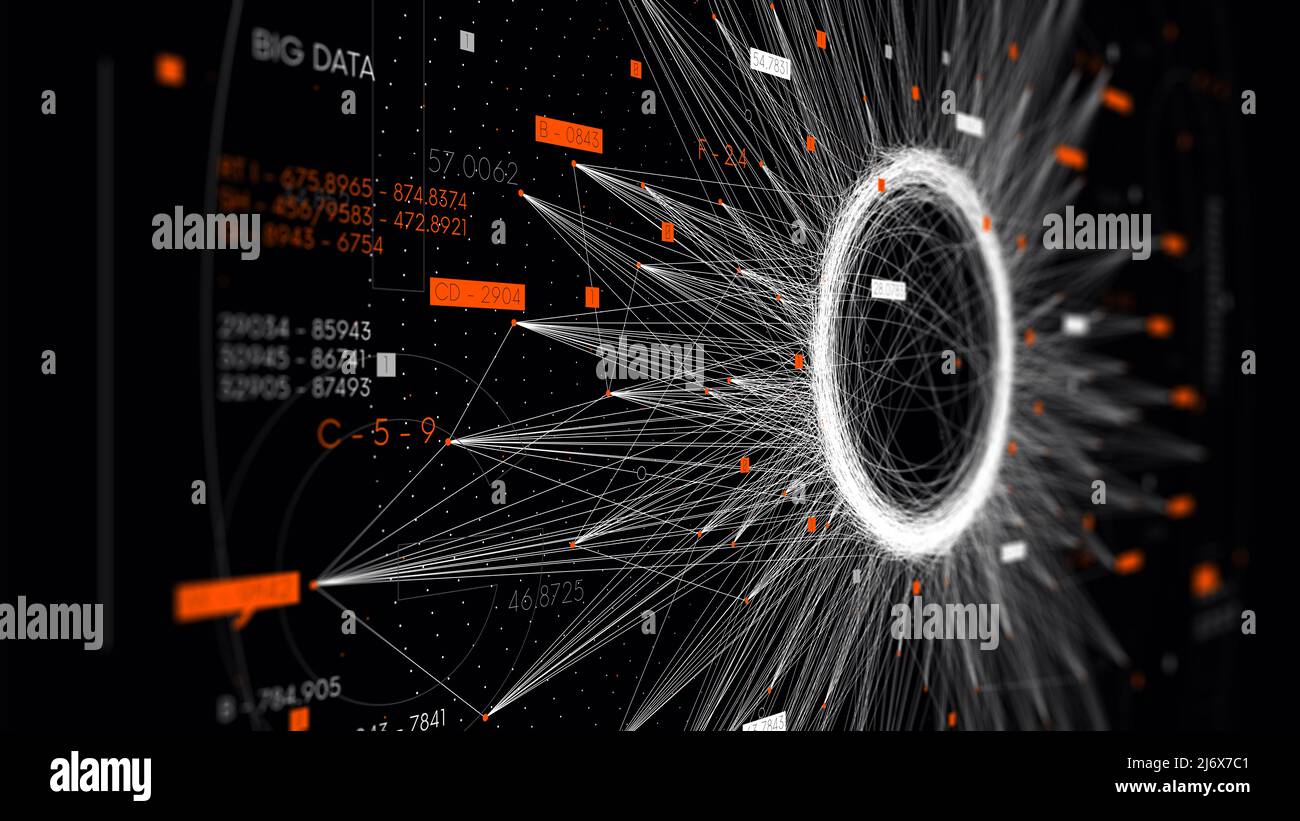 Visualizzazione della classificazione dei cluster Big data stream, database cloud, hub tecnologico futuristico, monitoraggio dello schermo in prospettiva Foto Stock