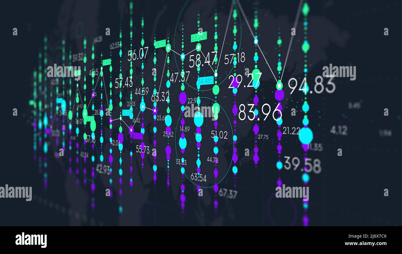 Dashboard con analisi finanziarie, visualizzazione futuristica del grafico statistico aziendale, monitor in prospettiva, background tecnologico a colori Foto Stock