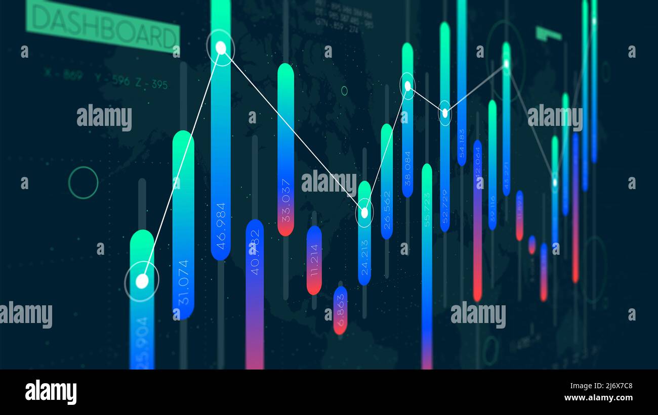 Interfaccia UI della tecnologia infografica intelligente Dashboard, transazioni di denaro e investimenti, analisi futuristica dei dati, visualizzazione delle applicazioni aziendali, Foto Stock