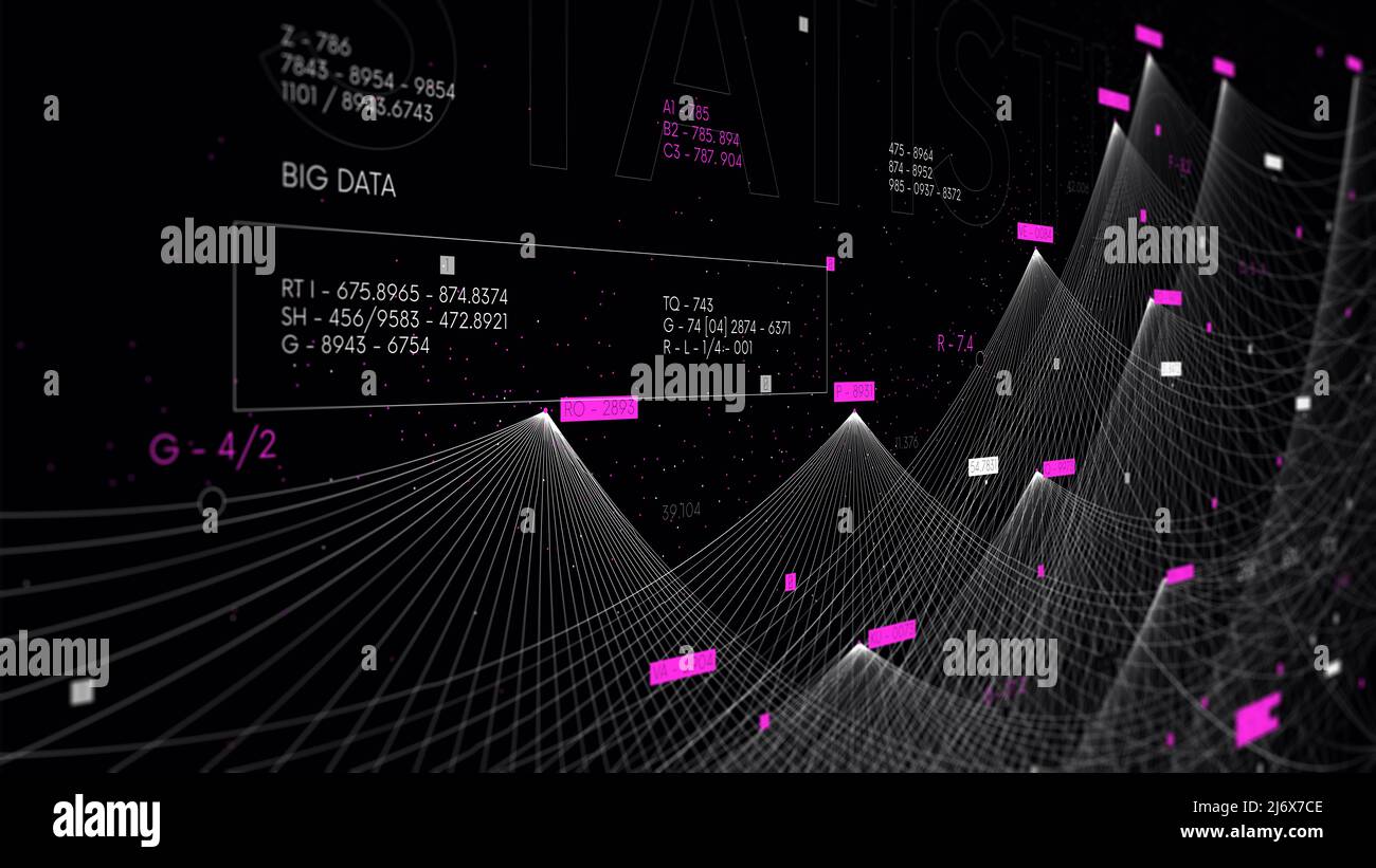 Sistema intelligente di intelligenza artificiale, raccolta e ordinamento di big data, illustrazione della visualizzazione del flusso di informazioni, schermo del monitor in prospettiva Foto Stock