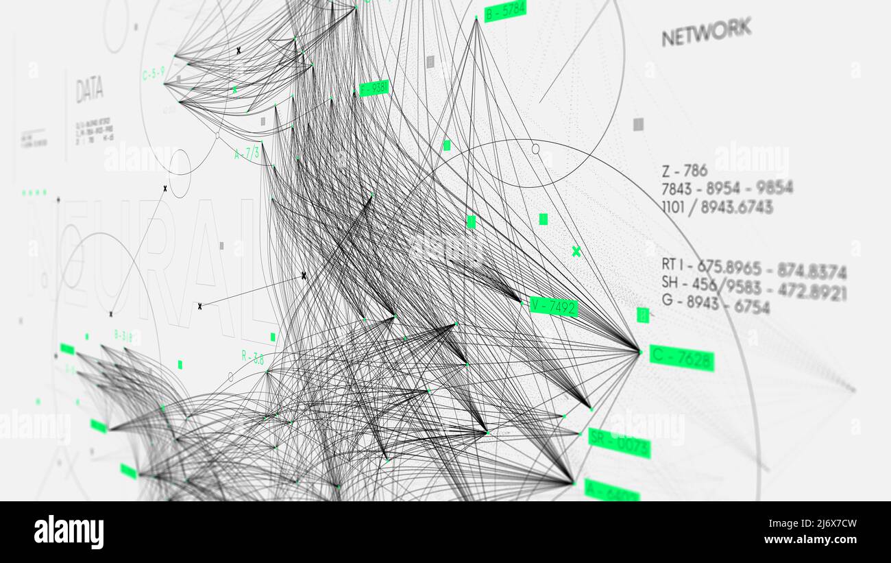 Ordinamento e analisi di big data complessi, visualizzazione delle reti di comunicazione, database di informazioni, illustrazione della tecnologia, schermo di monitoraggio Foto Stock