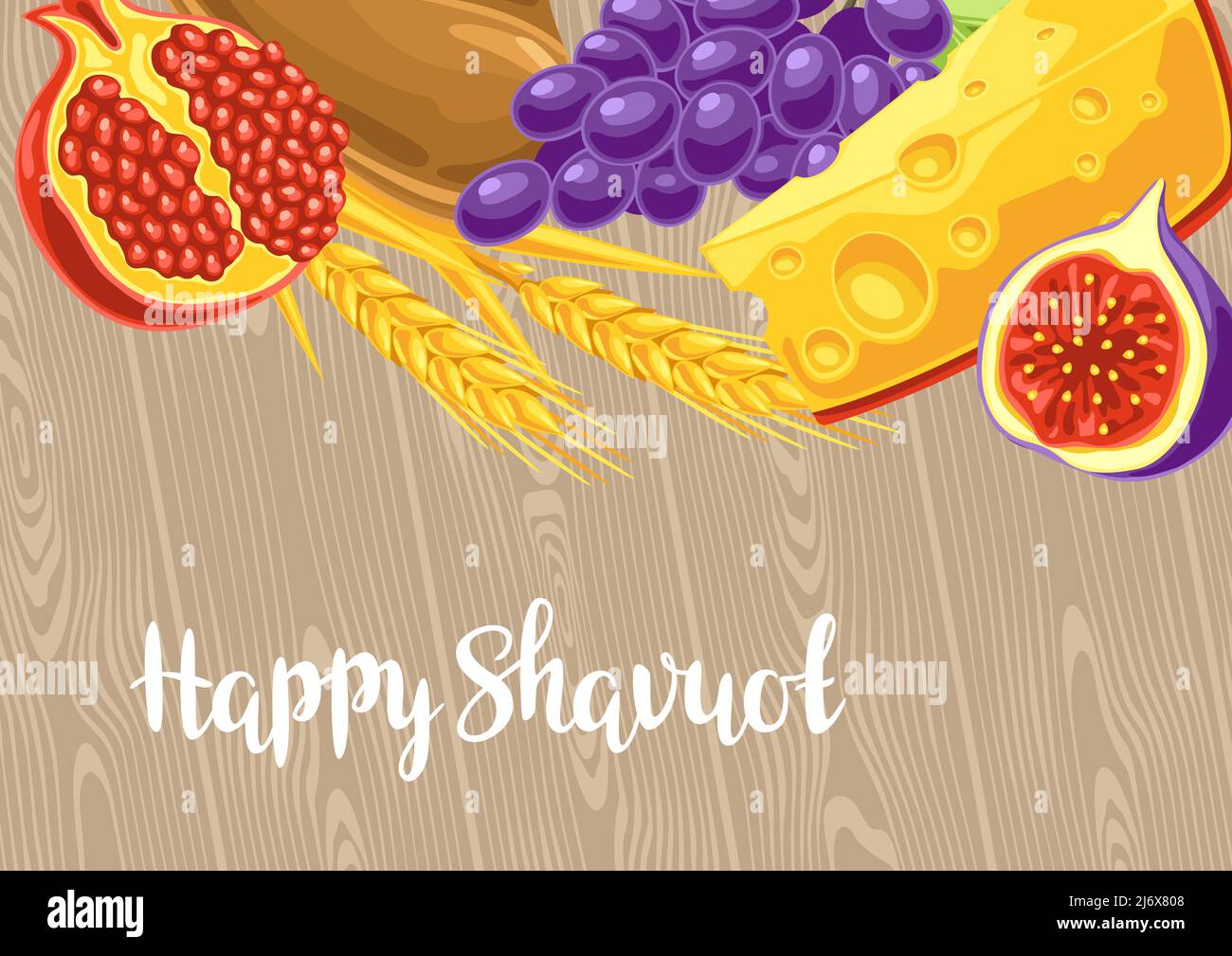 Buon biglietto d'auguri Shavuot. Sfondo delle vacanze con simboli tradizionali del festival ebraico. Illustrazione Vettoriale