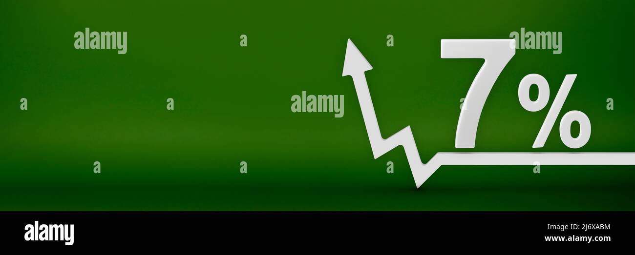 7%. La freccia sul grafico è rivolta verso l'alto. Aumento dei prezzi, inflazione, aumento del reddito, aumento dei tassi di interesse, tasse. banner 3d, 7% Foto Stock