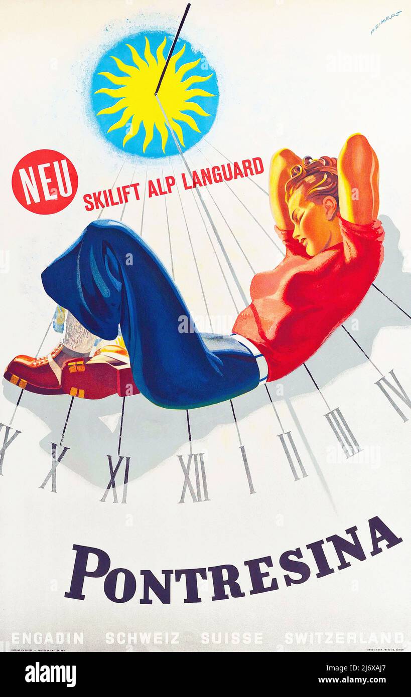 Poster Vintage 1940s - Sport invernali - Pontresina, Skilift Alp LANguard. Donna che si rilassa accanto a una meridiana. 1943 Foto Stock
