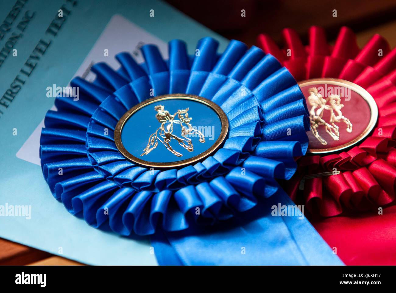 Primo posto blu e secondo posto rosso mostra nastri cavalli con profilo oro di un cavallo dressage e pilota al centro. Foto Stock