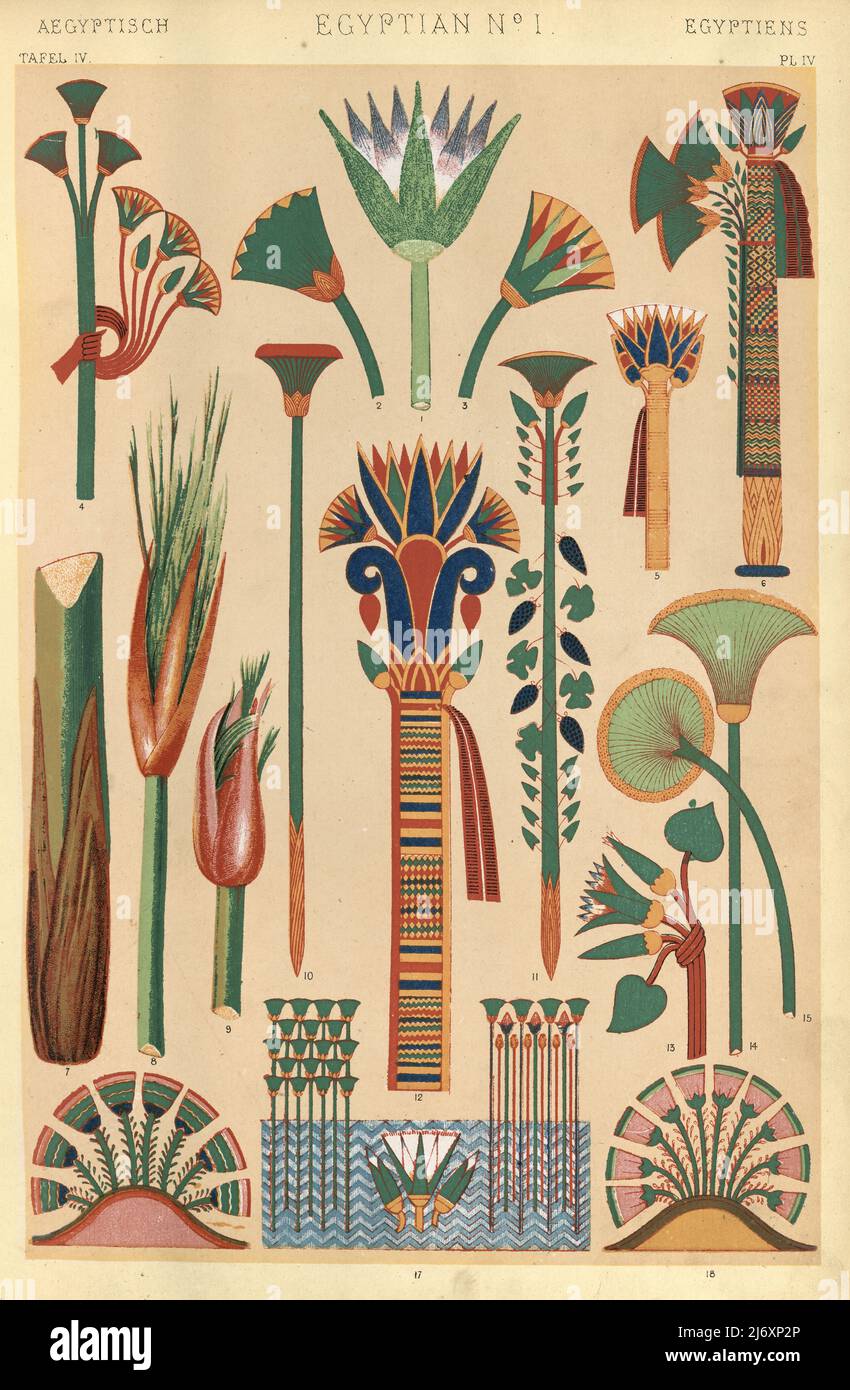 Antica arte decorativa egiziana, Fiori, Loto, Papiro, piante del deserto, Grammatica dell'ornamento di Owen Jones, 1860s, vittoriano Foto Stock