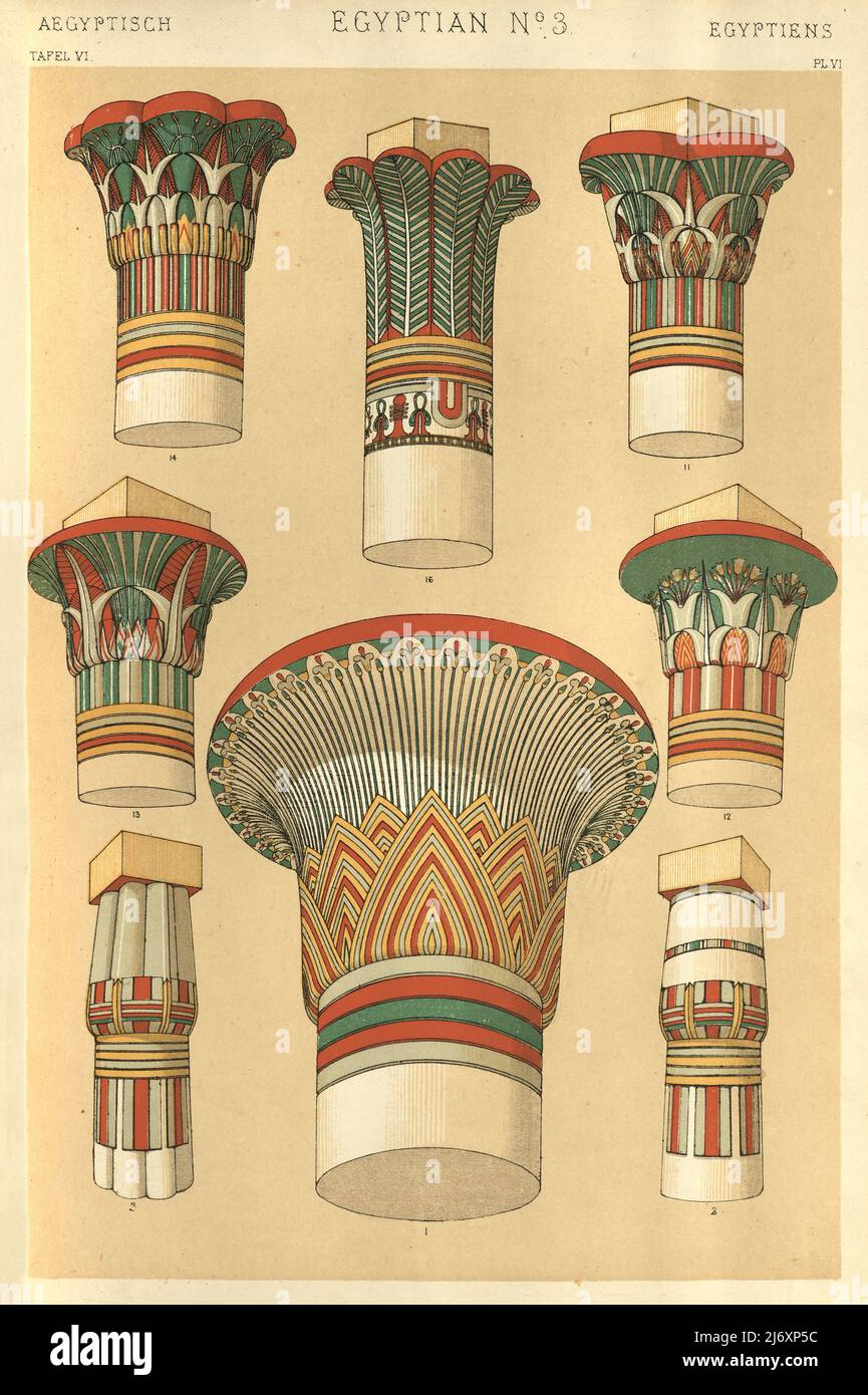 Antica arte decorativa egiziana, capitelli di colonne, Tempio di Luxor, grammatica di ornamento di Owen Jones, 1860s, vittoriano Foto Stock
