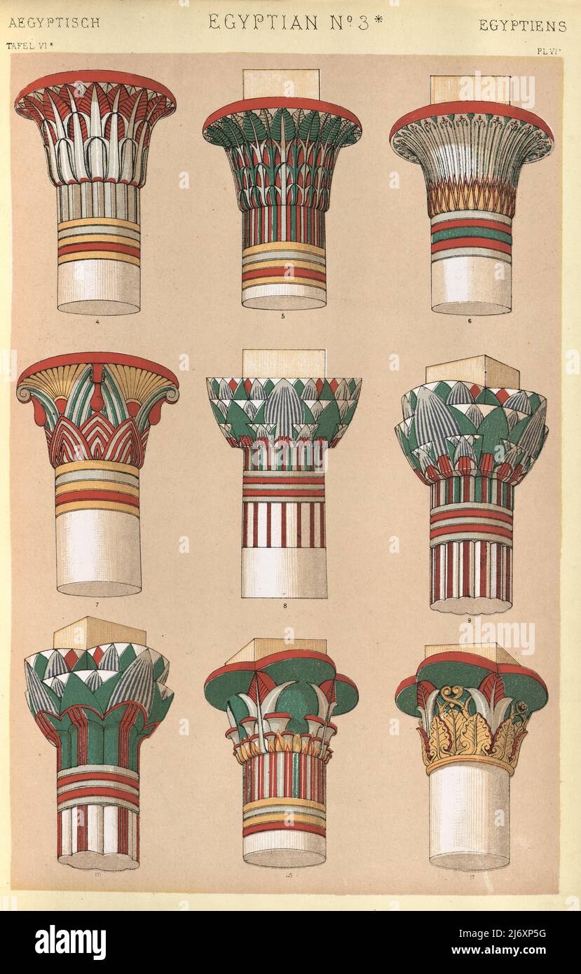 Antica arte decorativa egiziana, capitelli di colonne, architettura, grammatica di ornamento di Owen Jones, 1860s, vittoriano Foto Stock