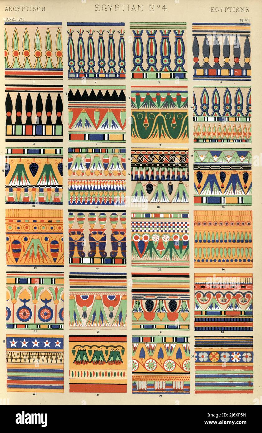 Antica arte decorativa egiziana, motivi, 19th secolo, grammatica di ornamento di Owen Jones, 1860s, vittoriano Foto Stock