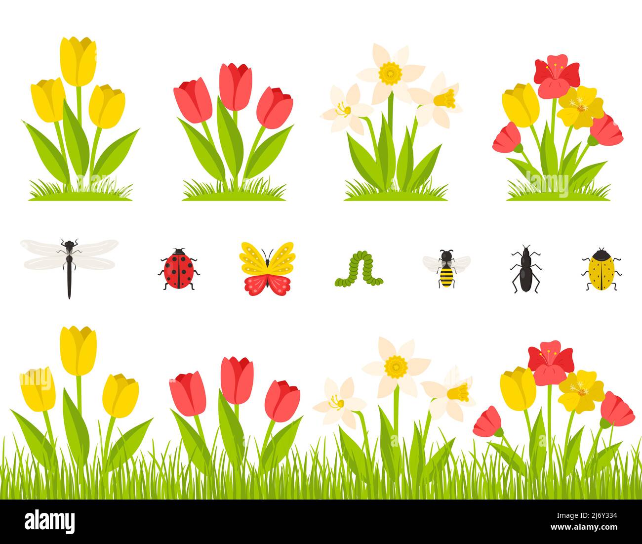 Giardino primavera fiori. Un cespuglio di tulipani, narcisi, papaveri. Fiori in erba, prato. Raccolta di insetti. Elementi di disegno botanici in un carto Illustrazione Vettoriale