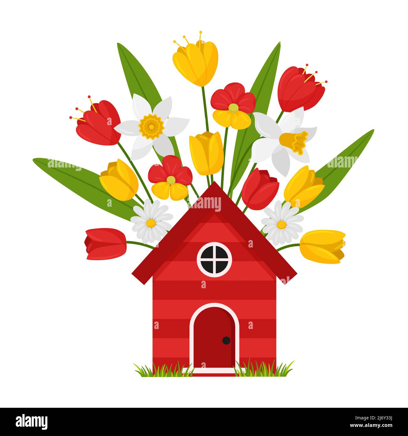 Una casa rossa con fiori di primavera sullo sfondo. Un simbolo di primavera, un elemento decorativo per una cartolina su un'estate, botanica, o floreale Th Illustrazione Vettoriale