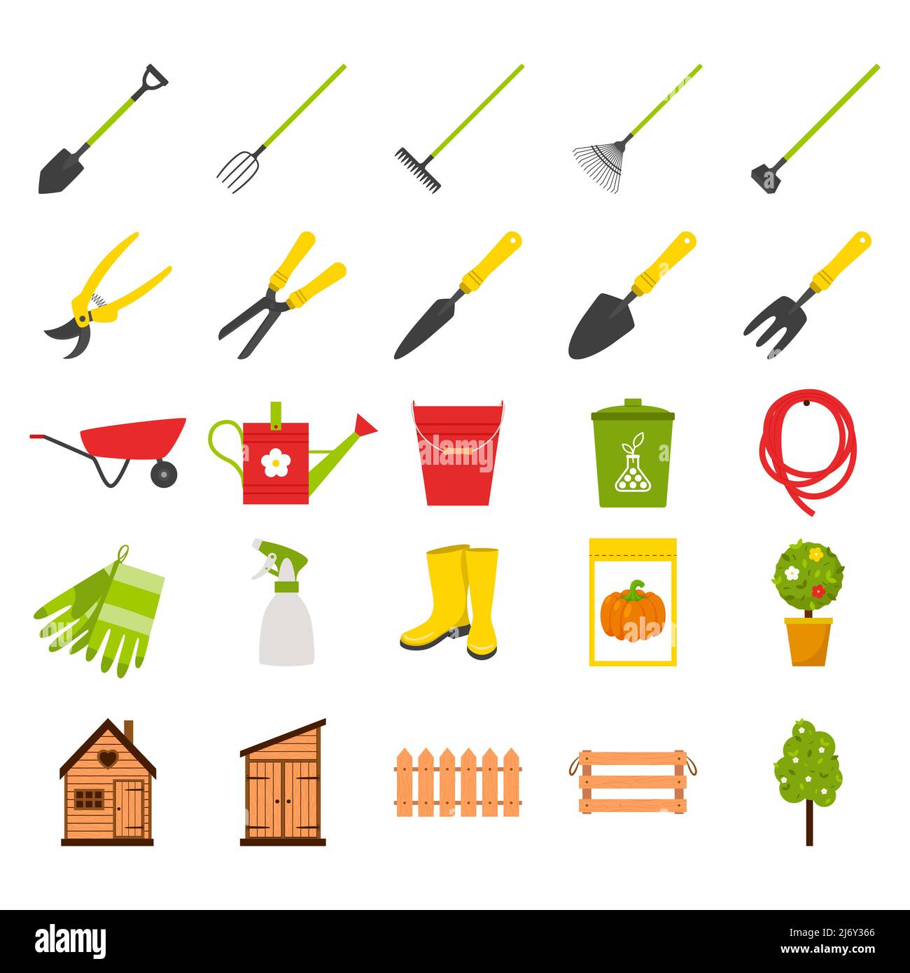 Set di icone sul tema del giardinaggio e delle piante in crescita. Collezione di attrezzi rurali e da giardino. Recinzione, scatola, albero di mele, semi, fertilizzanti. Vettore illus Illustrazione Vettoriale