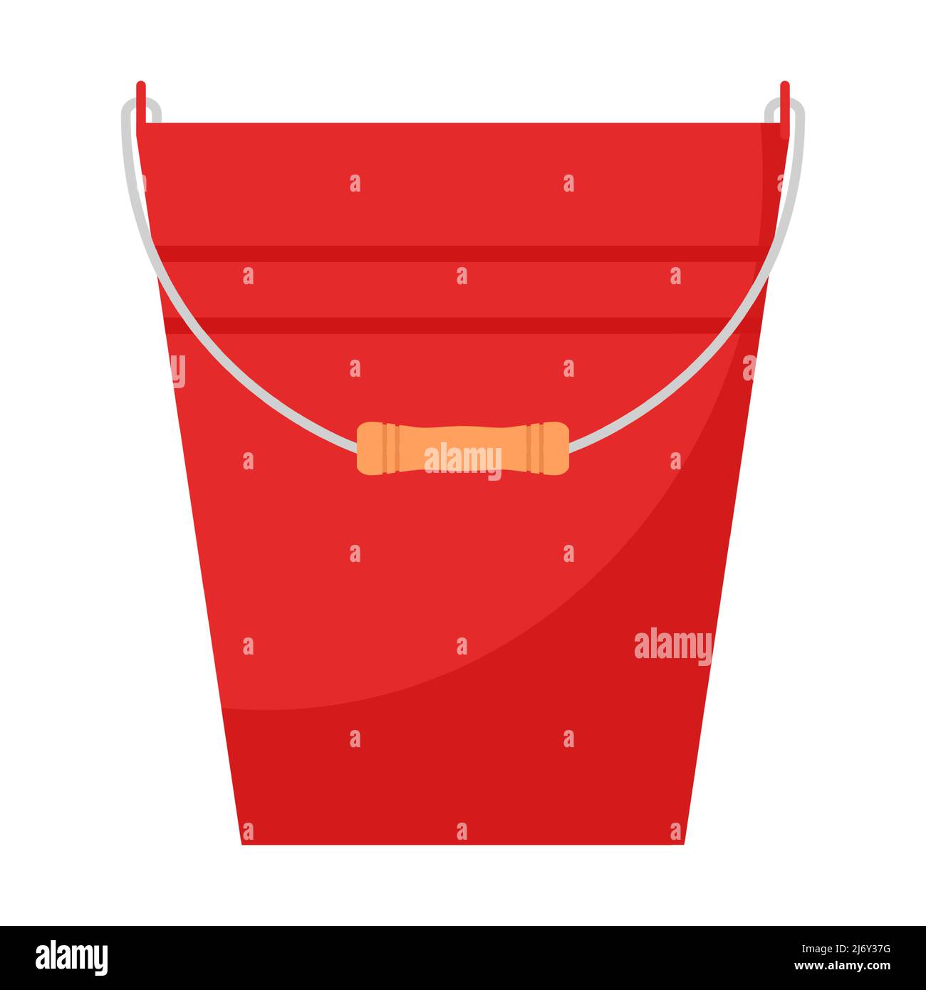 Un secchio rosso con manico in legno e strisce. Attrezzi di giardinaggio. Secchio vuoto. Stile piatto. Isolato su sfondo bianco. Illustrazione Vettoriale