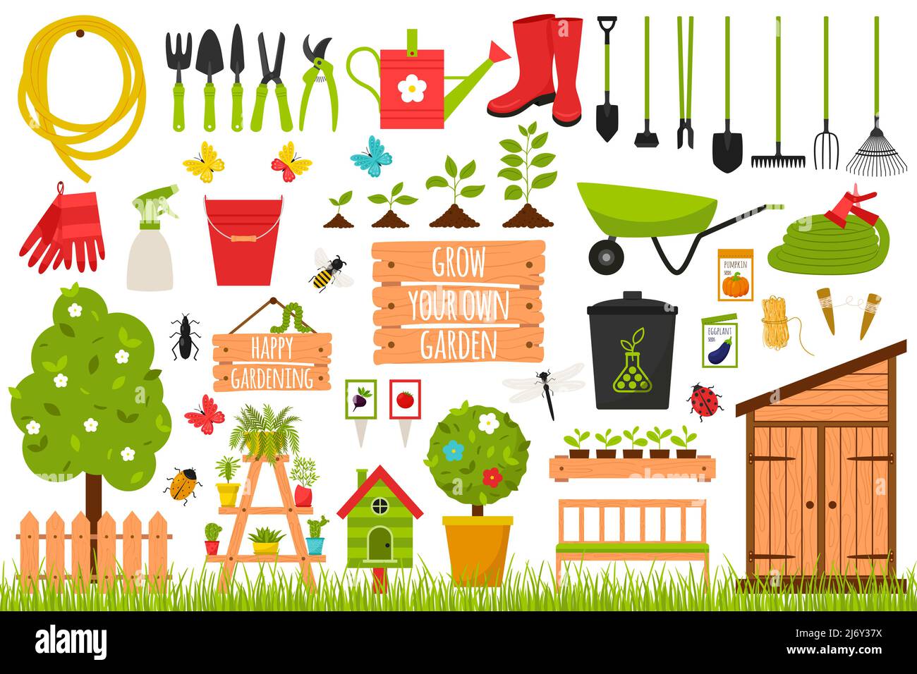 Una grande collezione di attrezzi da giardino, attrezzi, accessori in legno, piante, insetti. Giardinaggio, piante in crescita. Elementi di design in stile cartoon flat. Co Illustrazione Vettoriale