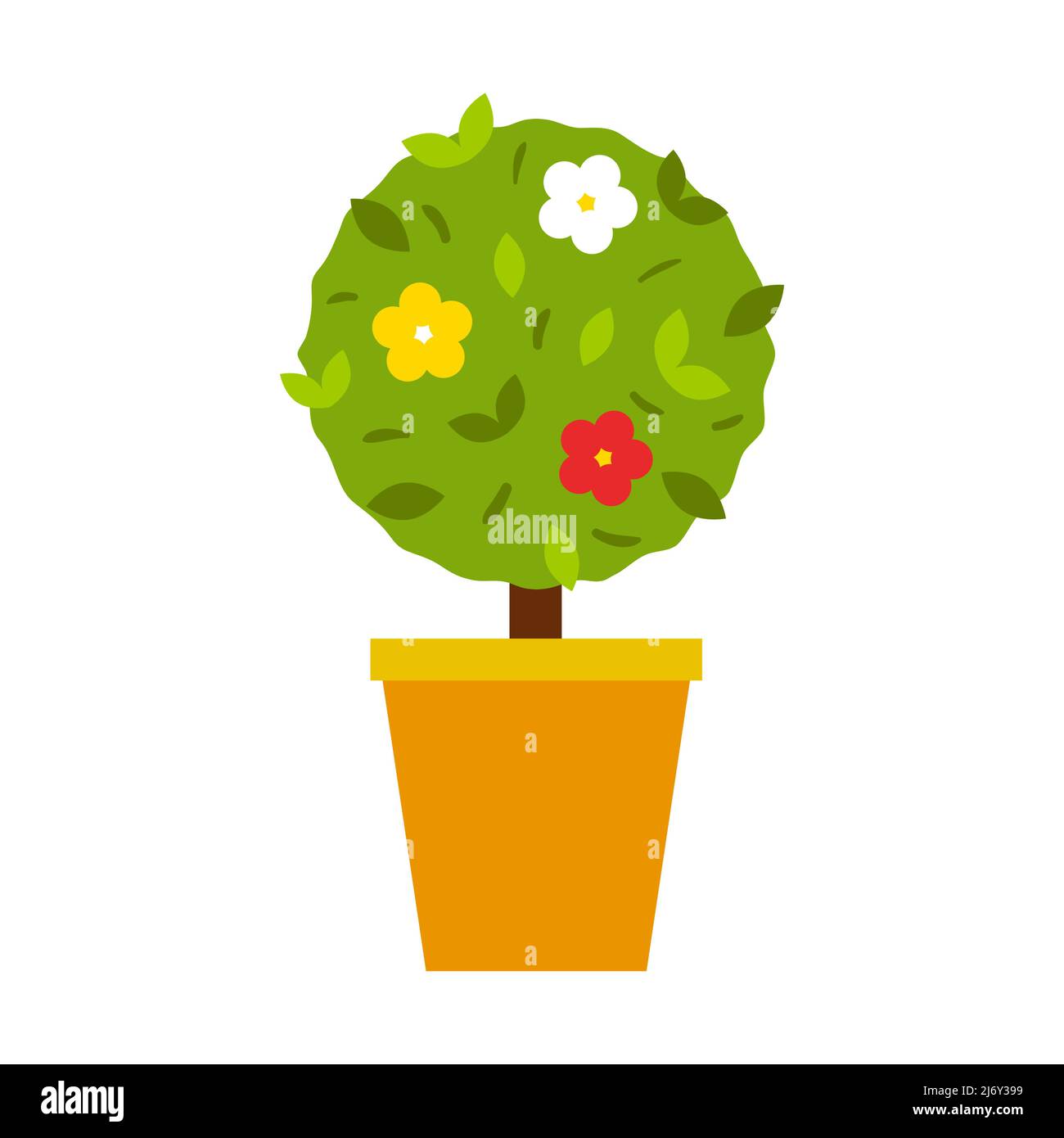 Un semplice cespuglio di alberi rotondi con fiori in una pentola di fiori. Estate, giardinaggio. Cartoon flat style.Isolated su sfondo bianco Illustrazione Vettoriale