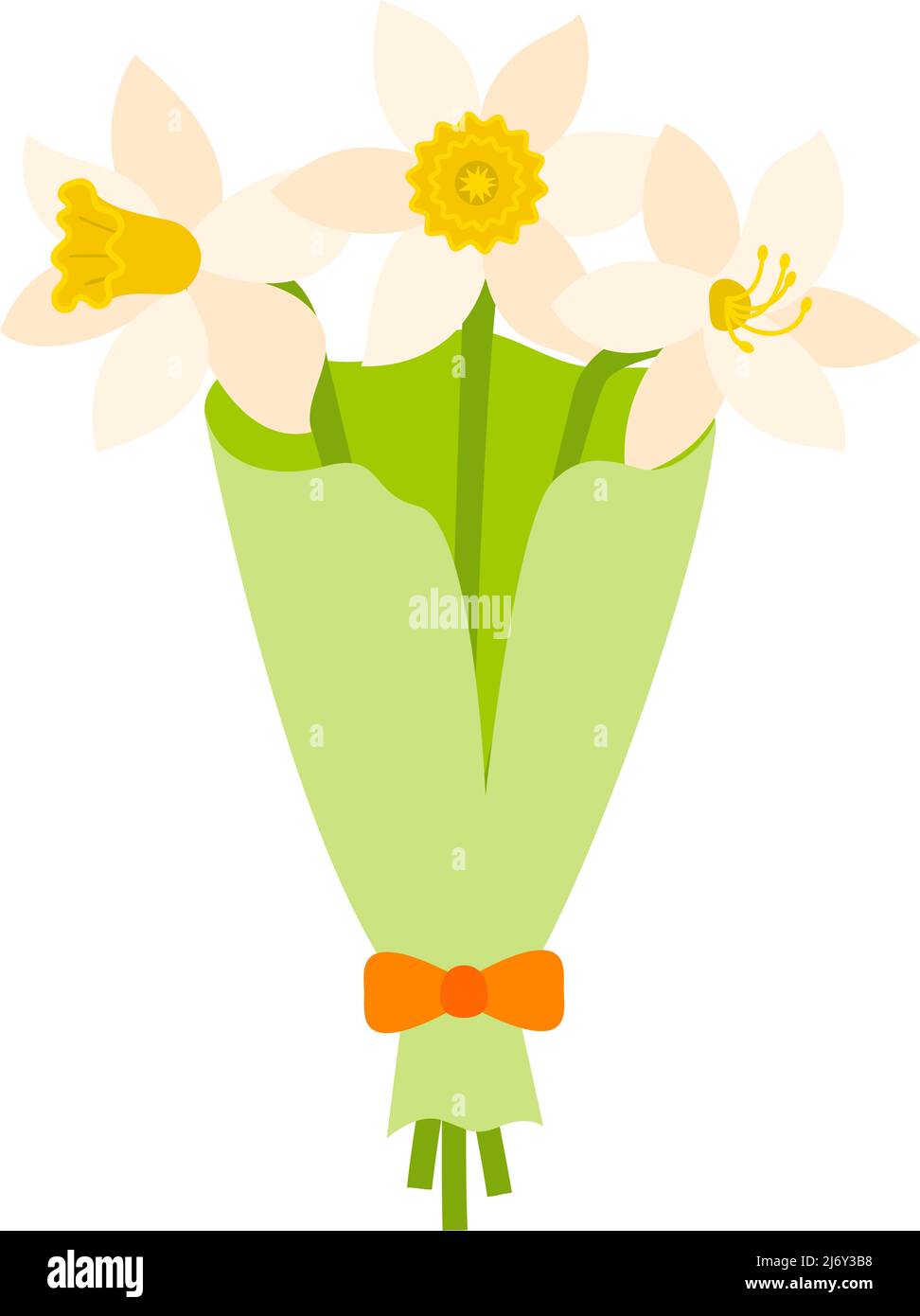 Un bouquet di naffodils bianchi in carta da imballaggio verde con un arco. Stile piatto. Isolato su sfondo bianco Illustrazione Vettoriale