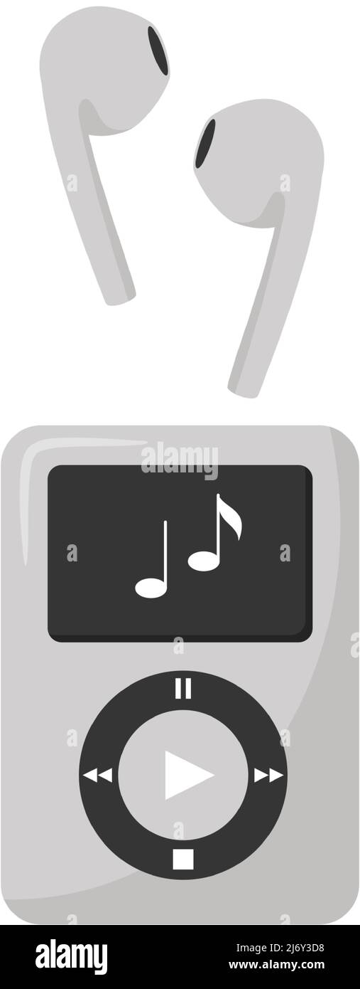 Lettore musicale digitale grigio e cuffie wireless. Dispositivo elettronico per l'ascolto di musica, libri, radio, podcast. Un elemento di progettazione. Colore piatto Vect Illustrazione Vettoriale