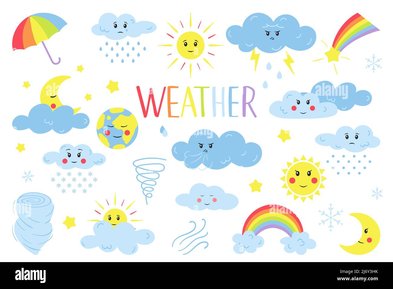 Collezione di elementi di design del tempo in colori pastello. Nuvole, sole, pioggia, ombrello, arcobaleno. Per abbigliamento e prodotti per bambini. Cartoo Illustrazione Vettoriale