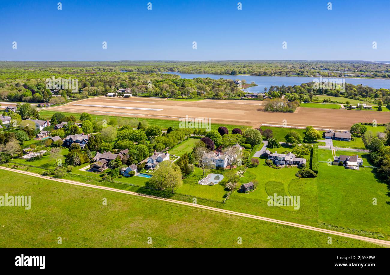 Immagine aerea di case sulla spiaggia corsia, wainscott Foto Stock
