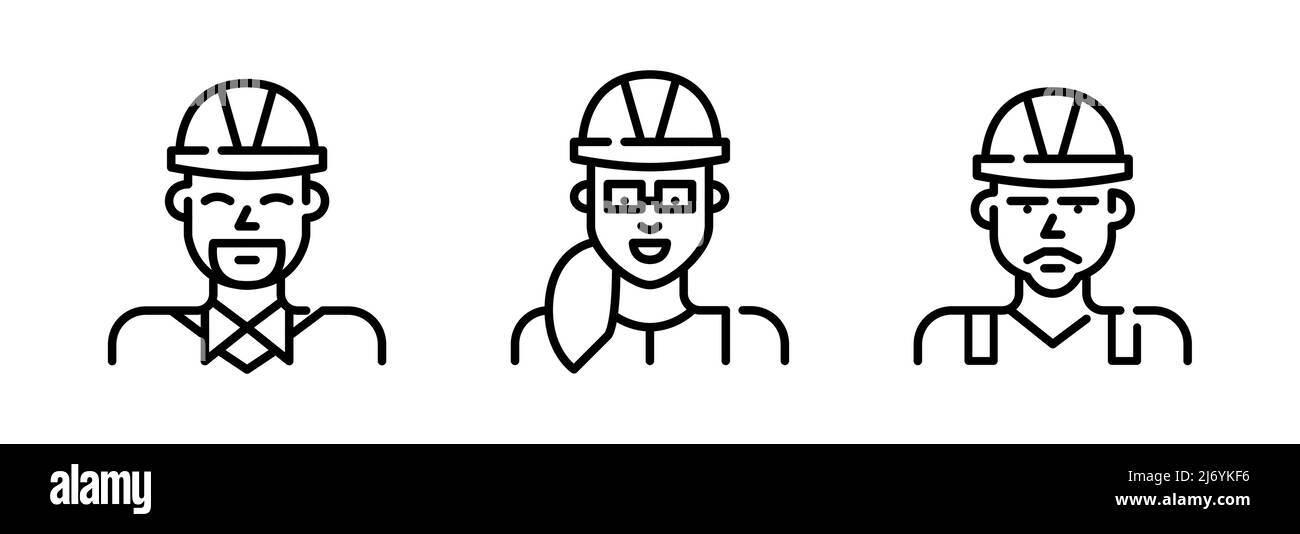 Ingegnere di costruzione, caposquadra e lavoratore che indossa un elmetto. Pixel Perfect, icona grafica con linea di traccia modificabile Illustrazione Vettoriale