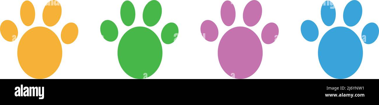 Una serie di icone colorate della zampa. Set footprint cane e gatto. Vettore modificabile. Illustrazione Vettoriale