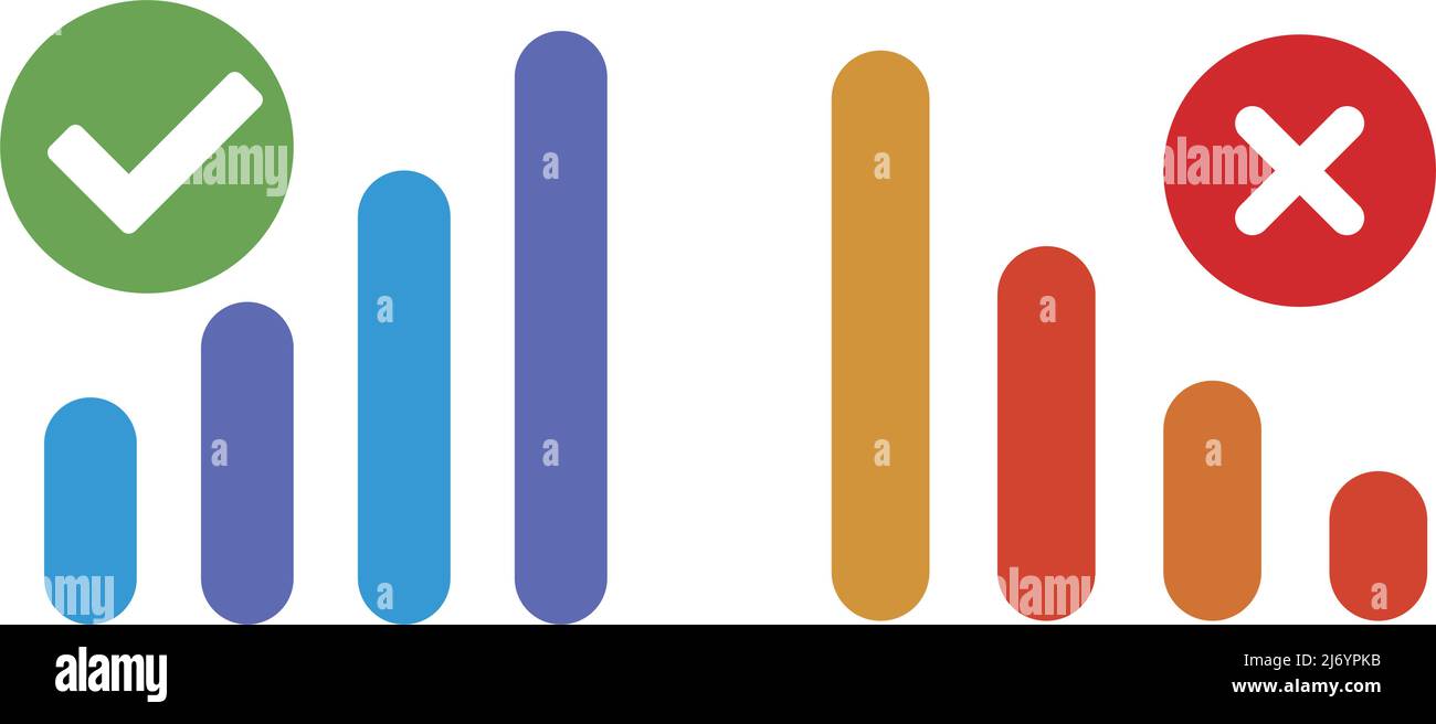 Grafico a barre con segni di spunta, grafico a barre con segni di croce. Set di icone grafiche e cartografiche per braccio e busto. Vettore modificabile. Illustrazione Vettoriale