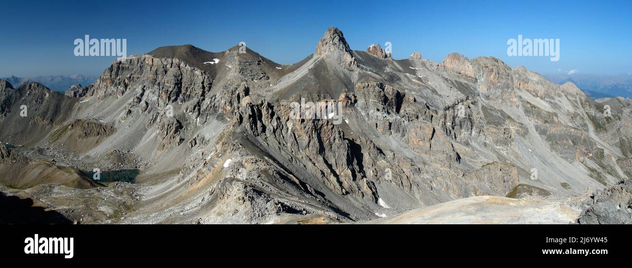 Vista da Pointe d'Escreins montagna - 3038m - nelle Alpi francesi, a la mortice e Pic des Houerts Jean Rostand Foto Stock