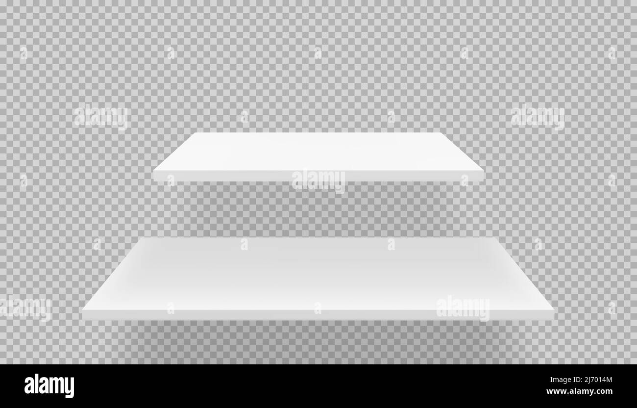Due scaffali bianchi vuoti su sfondo trasparente. Scaffali con ombre. Illustrazione vettoriale della memoria vuota realistica 3D o del display del prodotto Illustrazione Vettoriale