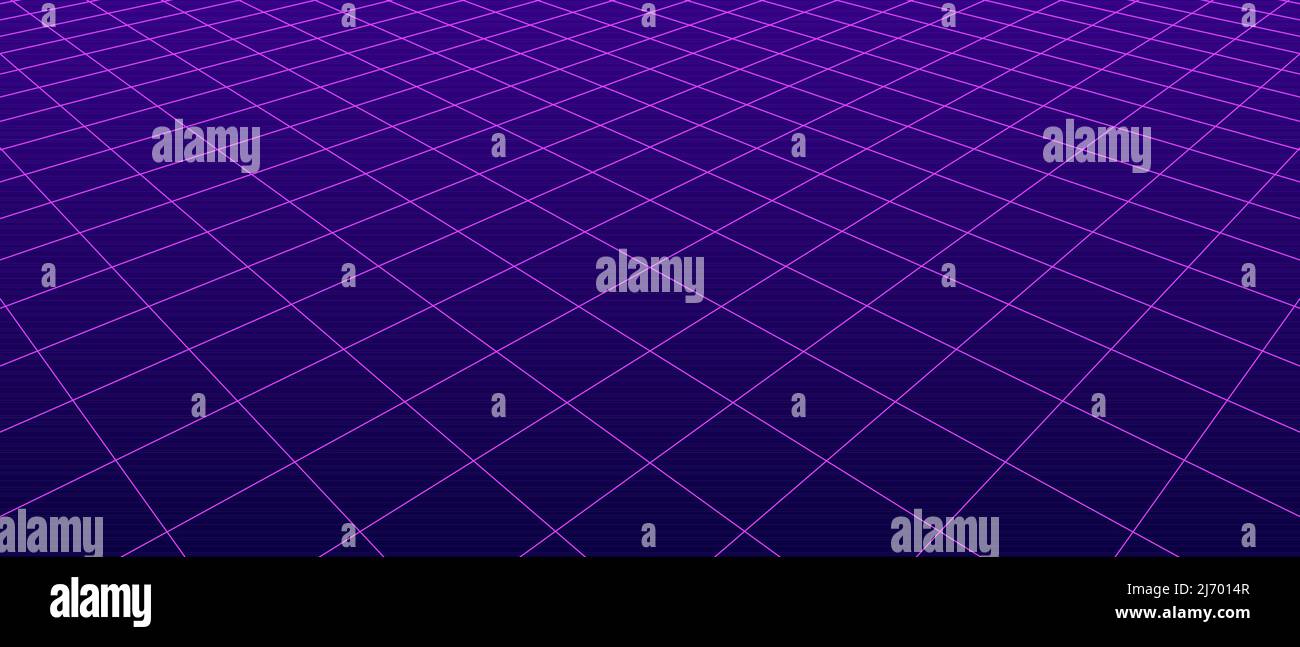 3D reticolo a griglia prospettica viola digitale a due punti. Sfondo vuoto geometrico del pavimento dello studio di cyberspace. Scena virtuale a tre dimensioni. Guida facile Illustrazione Vettoriale