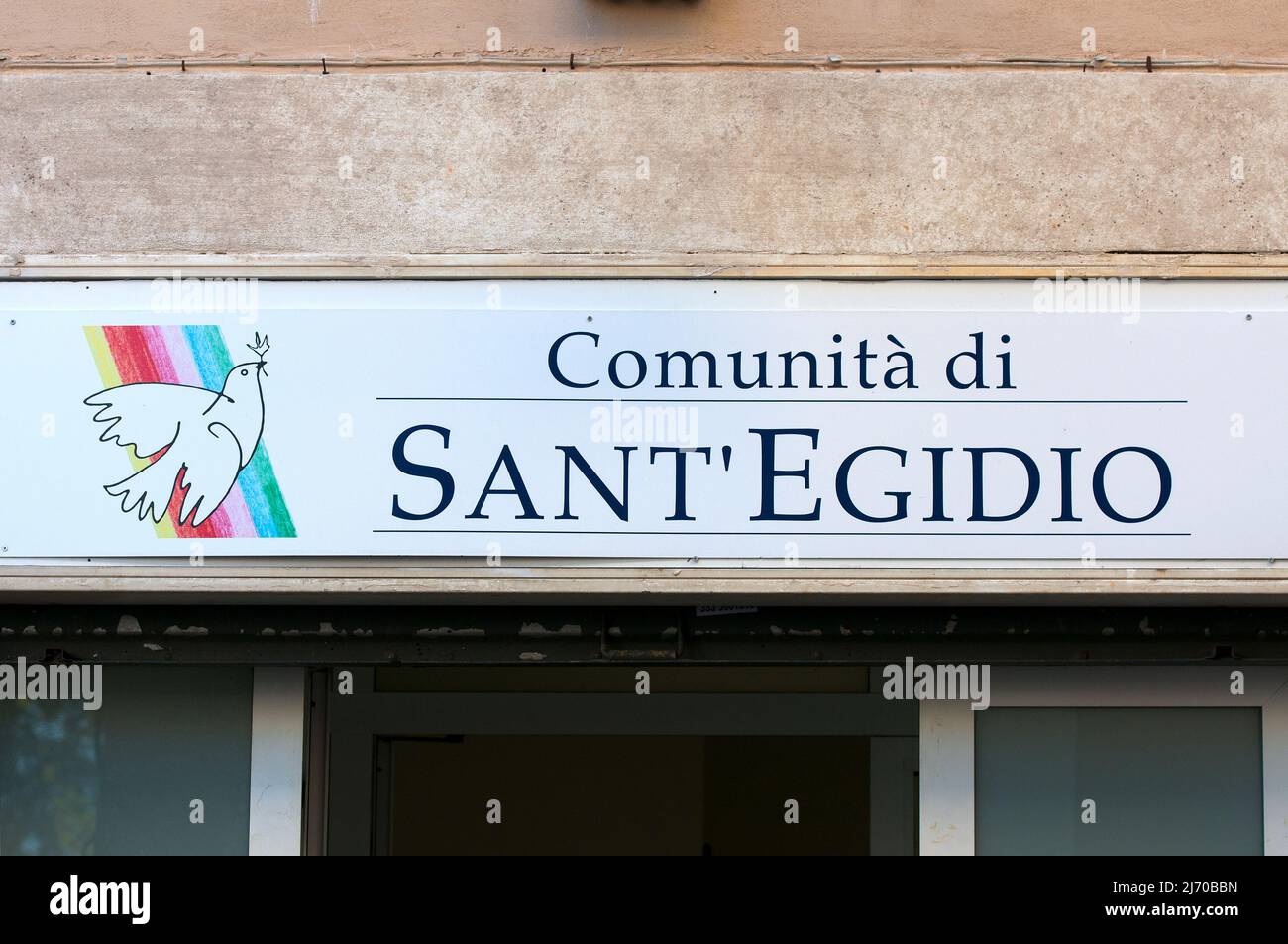 Segno della Comunità di Sant'Egidio (fondata da Andrea Riccardi nel 1968), Trastevere, Roma, Lazio, Italia Foto Stock