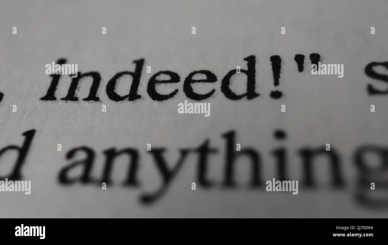 Effettivamente testo in pagina di libro aperta, fuoco selettivo, primo piano, macro shot di messaggio inglese, idea di educazione e concetto di romanzo, seduta vista Foto Stock