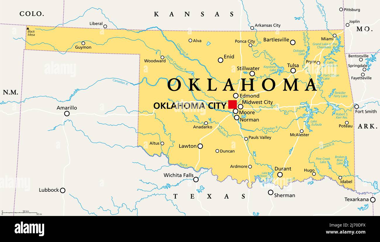 Oklahoma, OK, mappa politica con la capitale Oklahoma City, città importanti, fiumi e laghi. STATO DEGLI STATI UNITI nella regione centro-meridionale, l'America dei nativi. Foto Stock