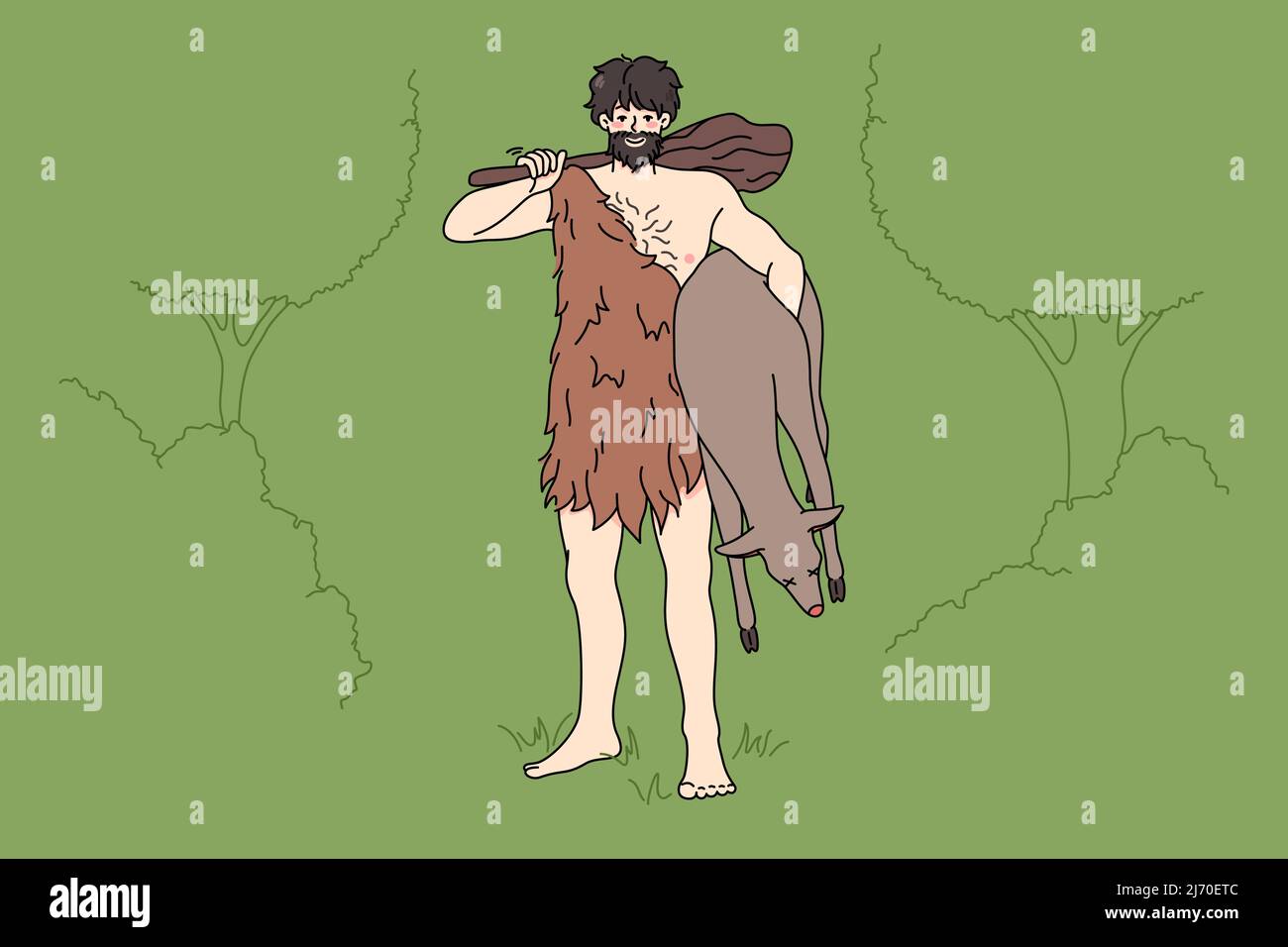 Caveman di età lapidea in abiti tribù tradizionali tenere preda nelle mani. Uomo arcaico primitivo con cudgel. Tempi tribali. Illustrazione vettoriale piatta, carattere cartoon. Illustrazione Vettoriale