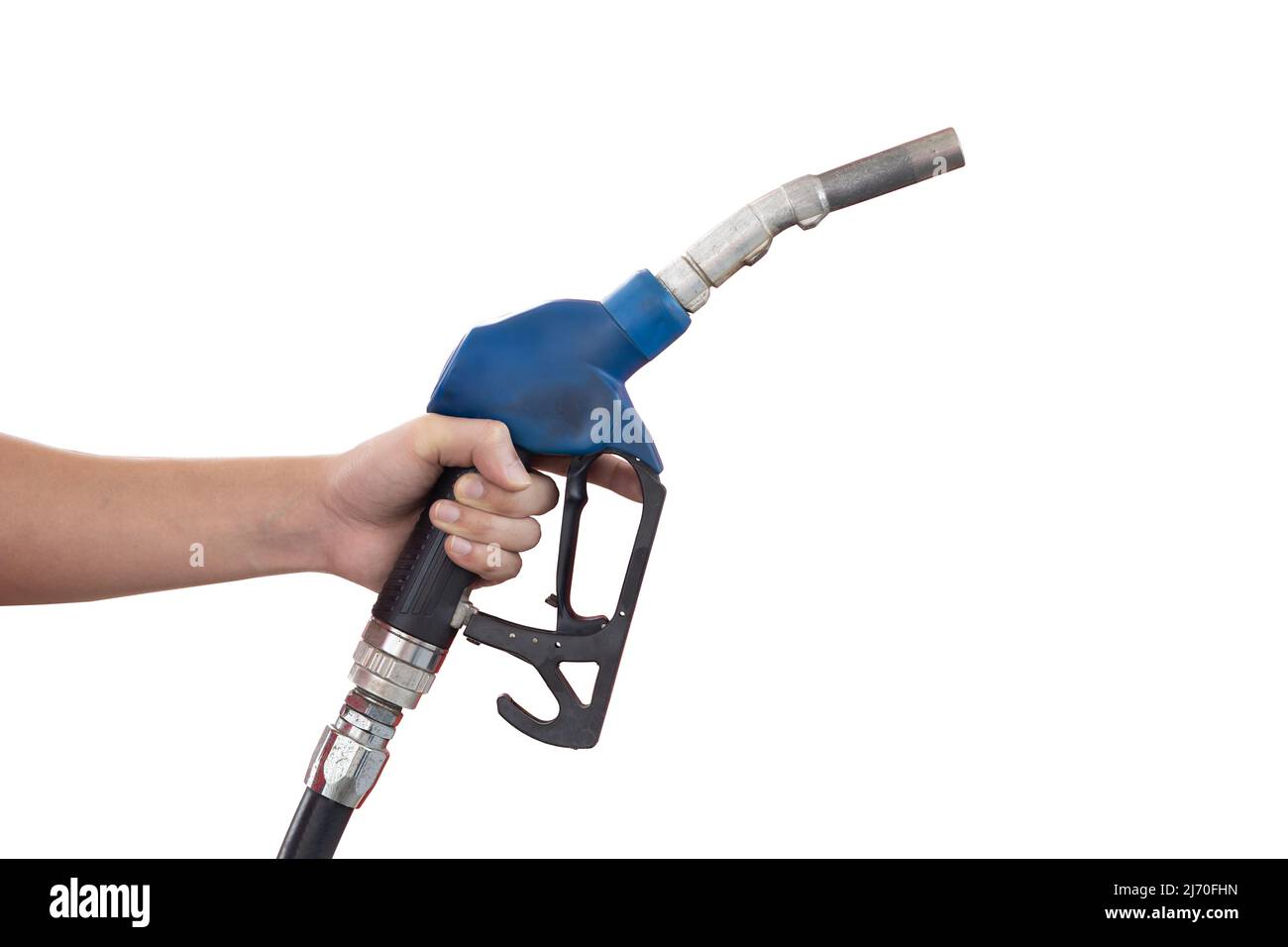 La testa dell'ugello del carburante per gas olio tiene l'oggetto isolato su bianco con il percorso di taglio. Foto Stock