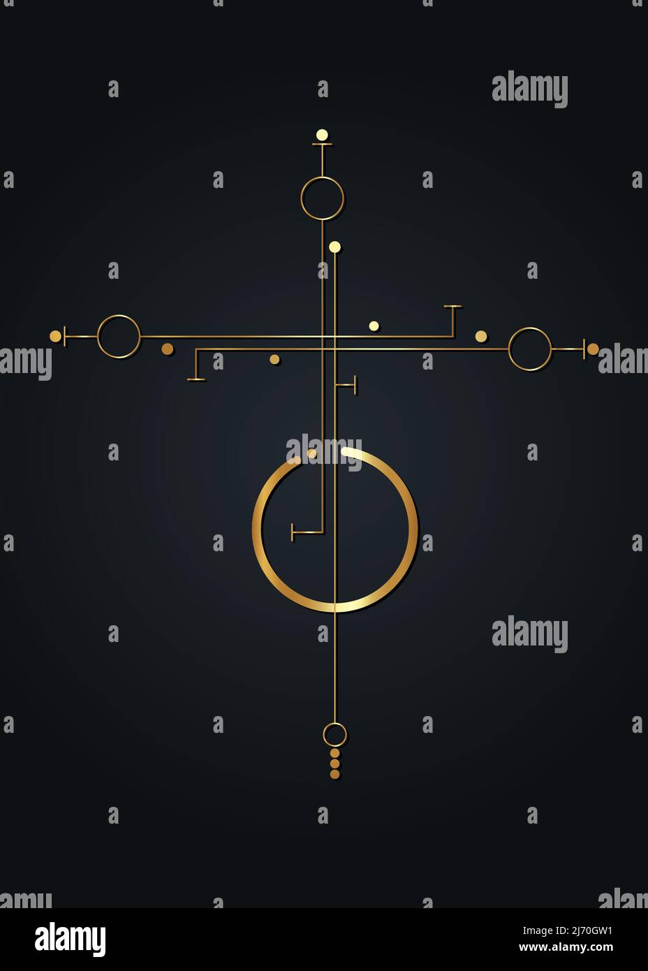 Croce asimmetrica lineare minimalista in oro. Geometria sacra, Centro mistico, segno religioso d'oro astratto esoterico, illustrazione vettoriale icona pagana Illustrazione Vettoriale
